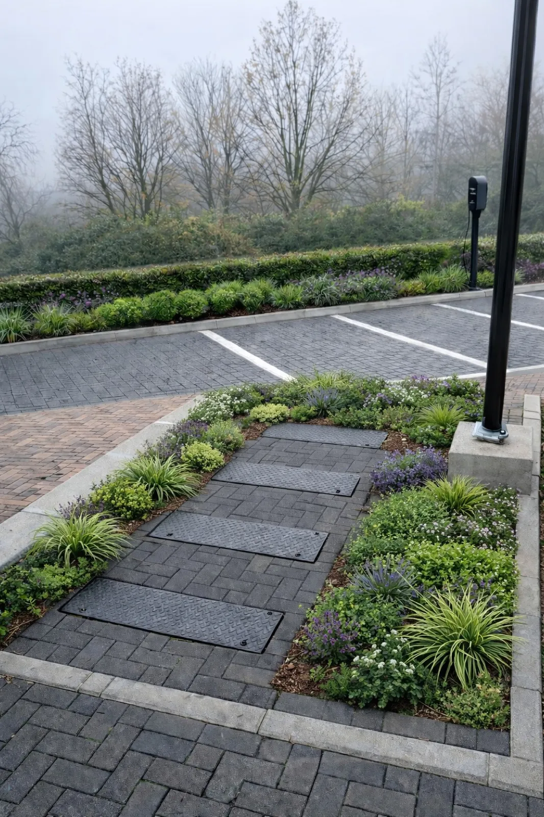 Opklapbaar voedingspunt in een parkeerterrein met beplanting